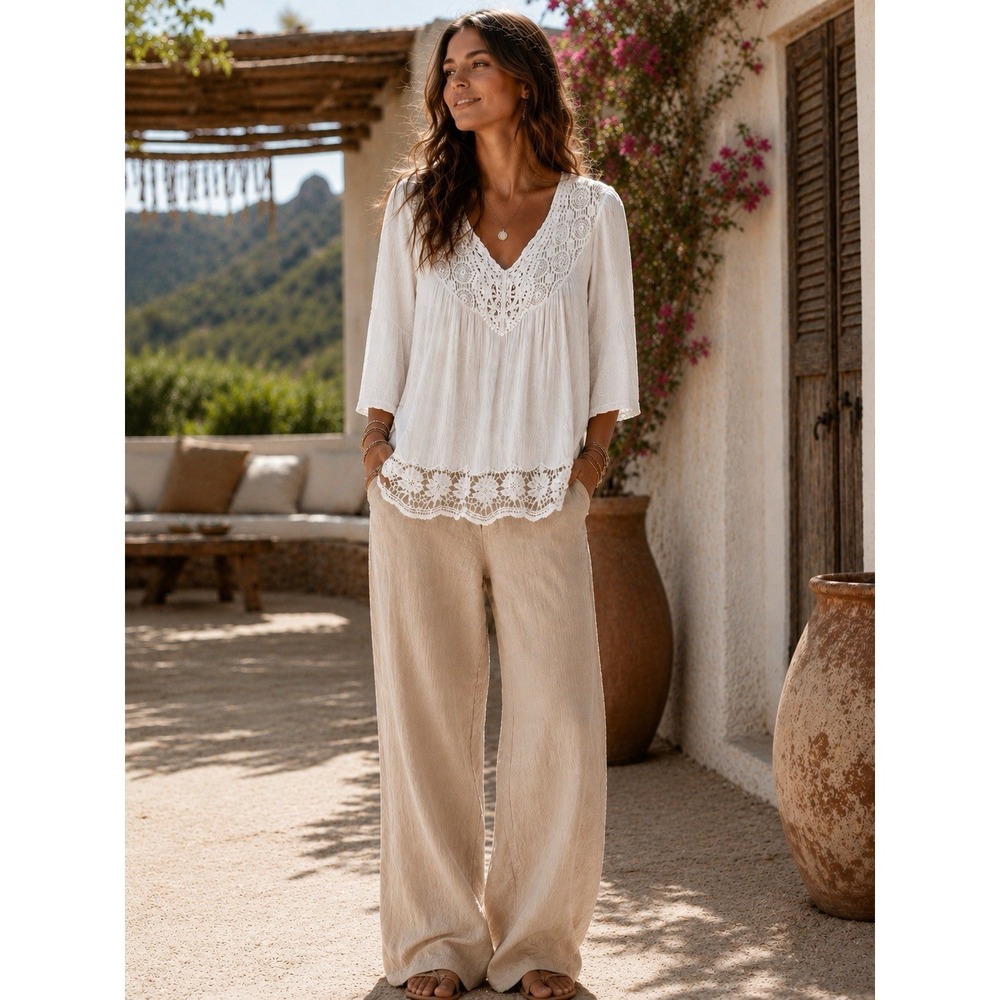 Double Decker Boho Crochet Lace Tunic Top L XL Peasant Coastal Rayon ZZ06